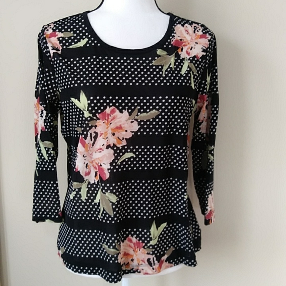 I.E. Floral Tropical Striped Polka Dot Semi Sheer Blouse